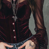 Blusa Retro em Veludo de Poliéster com Mangas Transparentes