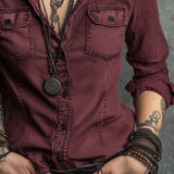 Blusa de Ganga de Manga Comprida com Bolso de Peito Retro