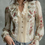 Blusa de Chiffon Vintage com Renda e Estampado Floral Estilo Pintura a Óleo