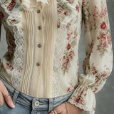 Blusa de Chiffon Vintage com Renda e Estampado Floral Estilo Pintura a Óleo