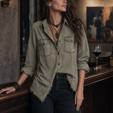 Blusa Vintage de Manga Comprida com Bolsos e Efeito Lavado