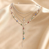 Conjunto de Colar e Brincos em Ouro Branco com Pedras Multicoloridas