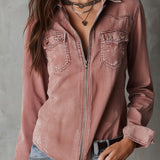 Camisa Western em Ganga Lavada Rosa-Empoeirado Desbotado com Fecho de Correr