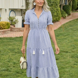 Dakota | Vestido Midi às Riscas em Camadas com Manga Curta