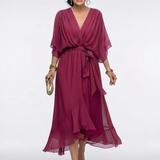 Elysia | Vestido Midi com Decote em V, Drapeado e Cinto de Amarrar