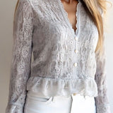 Camisa de Renda Elegante com Decote em V, Botões e Manga Comprida