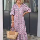 MIREYA | Vestido Midi Aos Folhos com Estampado Geométrico e Manga Comprida