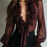 Blusa de Chiffon Retro Roxa Transparente com Folhos e Laço Frontal