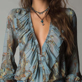 Blusa de Chiffon com Folhos e Fecho Frontal – Estampado Cobra-Floral Azul-Névoa
