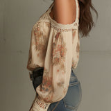 Blusa Boho Vintage Creme Floral em Renda com Ombros à Mostra