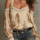 Blusa Boho Vintage Creme Floral em Renda com Ombros à Mostra