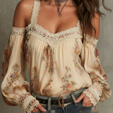 Blusa Boho Vintage Creme Floral em Renda com Ombros à Mostra