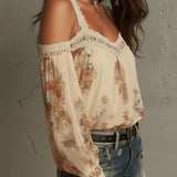 Blusa Boho Vintage Creme Floral em Renda com Ombros à Mostra