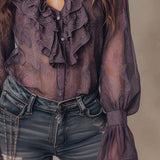 Blusa de Chiffon Vintage com Estampado Paisley e Colarinho de Folhos