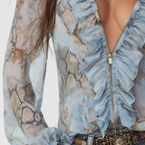 Blusa de Chiffon com Folhos e Fecho de Correr Frontal em Estampado Azul Sereno