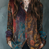 Camisa Boho em Veludo com Estampado Floral e Manga Comprida