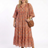 AMARA | Vestido Midi Aos Folhos com Estampado Geométrico e Decote em V