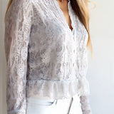 Camisa de Renda Elegante com Decote em V, Botões e Manga Comprida