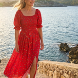 Delphine | Vestido Midi Floral com Mangas Bufantes e Decote Quadrado
