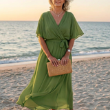 Elysia | Vestido Midi com Decote em V, Drapeado e Cinto de Amarrar