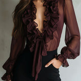 Blusa de Chiffon Retro Roxa Transparente com Folhos e Laço Frontal