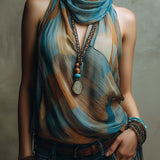 Blusa Boho de Chiffon Halter Azul e Âmbar com Decote em Lenço