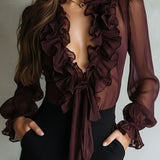 Blusa de Chiffon Retro Roxa Transparente com Folhos e Laço Frontal