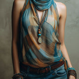 Blusa Boho de Chiffon Halter Azul e Âmbar com Decote em Lenço