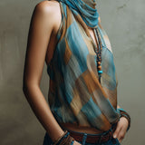 Blusa Boho de Chiffon Halter Azul e Âmbar com Decote em Lenço