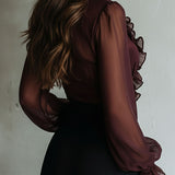 Blusa de Chiffon Retro Roxa Transparente com Folhos e Laço Frontal