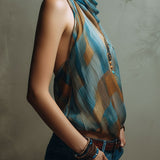 Blusa Boho de Chiffon Halter Azul e Âmbar com Decote em Lenço