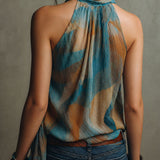 Blusa Boho de Chiffon Halter Azul e Âmbar com Decote em Lenço
