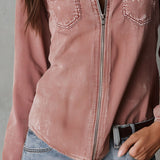 Camisa Western em Ganga Lavada Rosa-Empoeirado Desbotado com Fecho de Correr