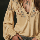 Camisa de Algodão Casual Amarela com Bordado Floral
