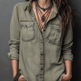 Blusa Vintage de Manga Comprida com Bolsos e Efeito Lavado