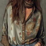 Camisa de Cetim Floral com Remates em Estampado Animal