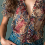 Blusa Vintage Transparente Florida com Folhos e Mangas Bufantes