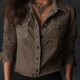 Camisa Western Castanho-Acinzentada Lavada Vintage de Corte Slim com Botões