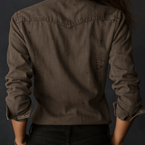 Camisa Western Castanho-Acinzentada Lavada Vintage de Corte Slim com Botões
