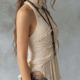 Top Boho Romântico de Chiffon Plissado com Decote Halter