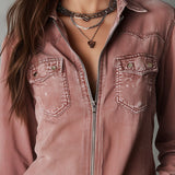 Camisa Western em Ganga Lavada Rosa-Empoeirado Desbotado com Fecho de Correr