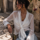 Blusa Transparente de Chiffon Amarrotado com Cruzado à Frente e Laço, Manga Comprida, com Camisole