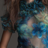 Top Boho Vintage Transparente em Malha com Folhos e Estampado Floral