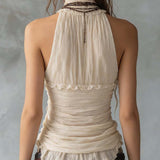 Top Boho Romântico de Chiffon Plissado com Decote Halter