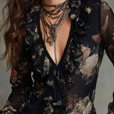 Blusa de Chiffon Estampada de Estilo Vintage com Folhos