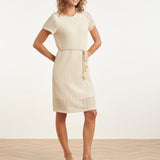 Vestido A-Line com Aspeto de Renda e Cordão Decorativo | Off White