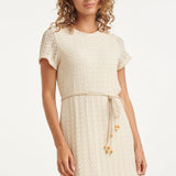 Vestido A-Line com Aspeto de Renda e Cordão Decorativo | Off White