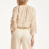 Beige Blouse Met Abstracte Print En Halflange Mouwen | Dark Sand - Off White