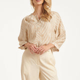Beige Blouse Met Abstracte Print En Halflange Mouwen | Dark Sand - Off White