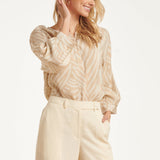 Beige Blouse Met Abstracte Print En Halflange Mouwen | Dark Sand - Off White